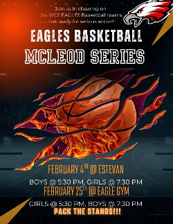 Darkened basketball court in the background with a red light shining in from top left. Top right is the Eagle Logo. The centre has a large basketball shredded with flames. The event is listed above it with the dates and times below.